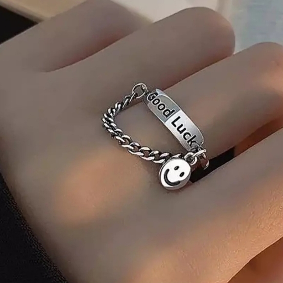 None Jewelry - Silver Good Luck Smiley Face Charm Chain Dangle Adjustable Ring